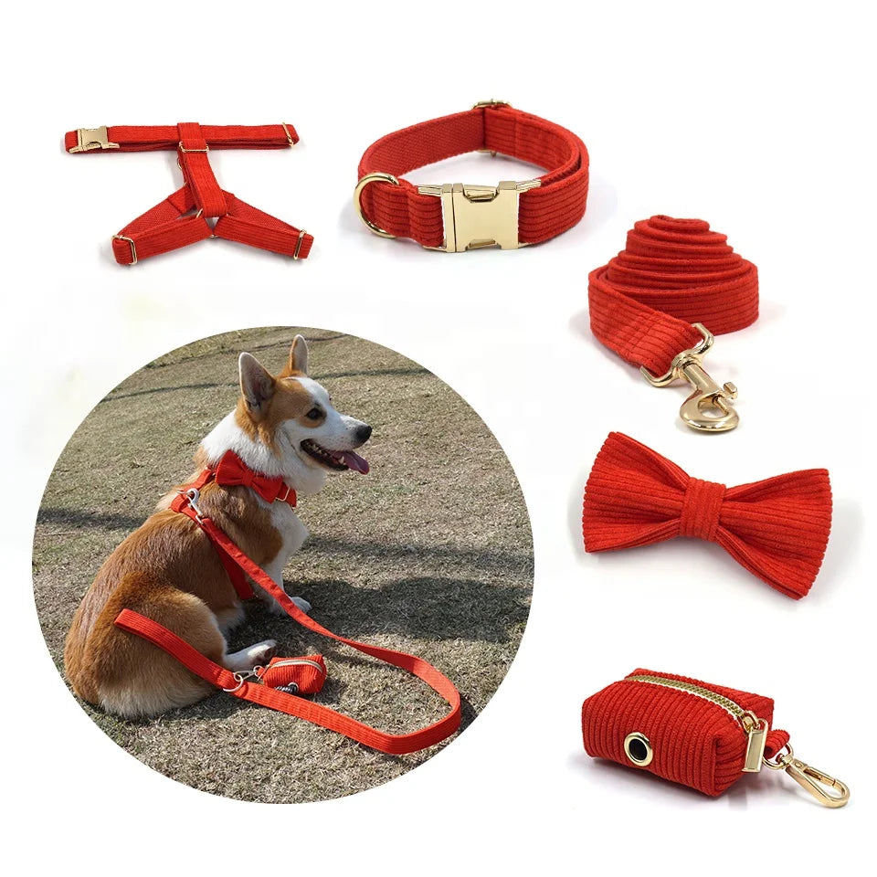 Trending New Luxury Corduroy Dog Harness Velvet Corduroy Collar Leash Zinc Alloy Dog Collar Hardware Buckle Pet Dog Collar Set