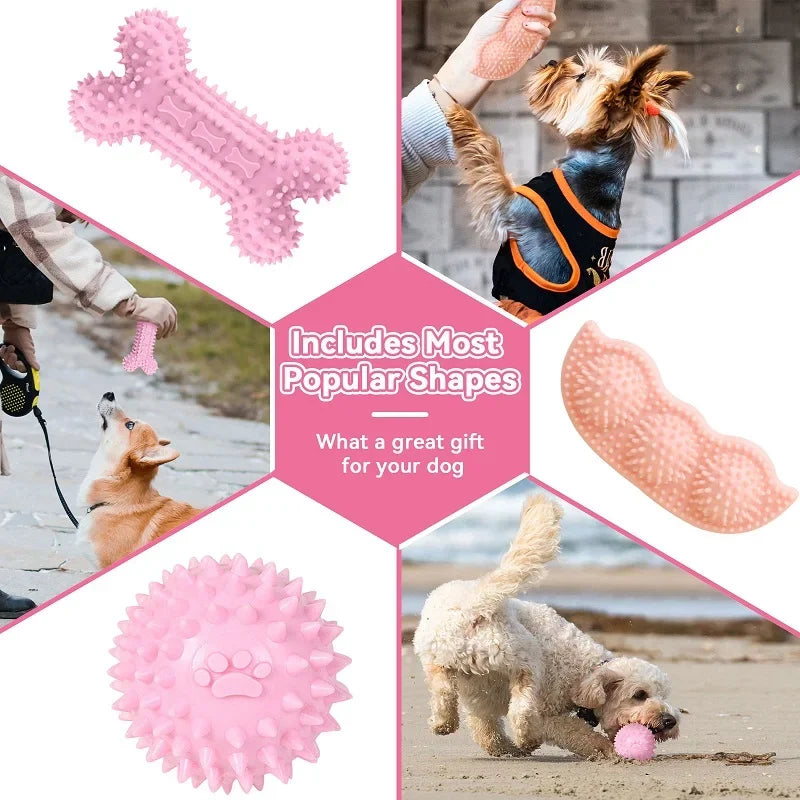 Dog Chew Toys for Cleaning Teeth Pink Soft Rubber Bone Funny Ball Interactive Donut