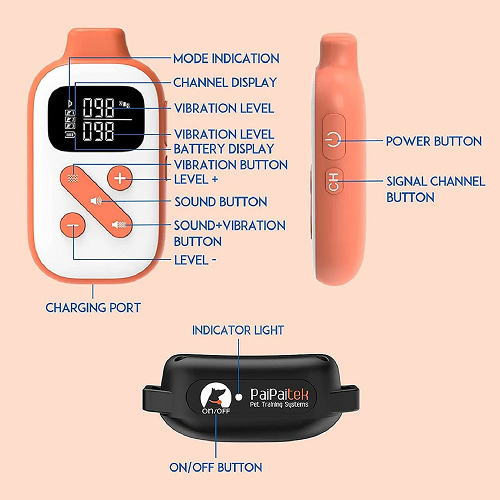 PaiPaitek 3300ft Dog Vibrating Collar,IPX7 Waterproof Dog Training Collar with Remote+LED