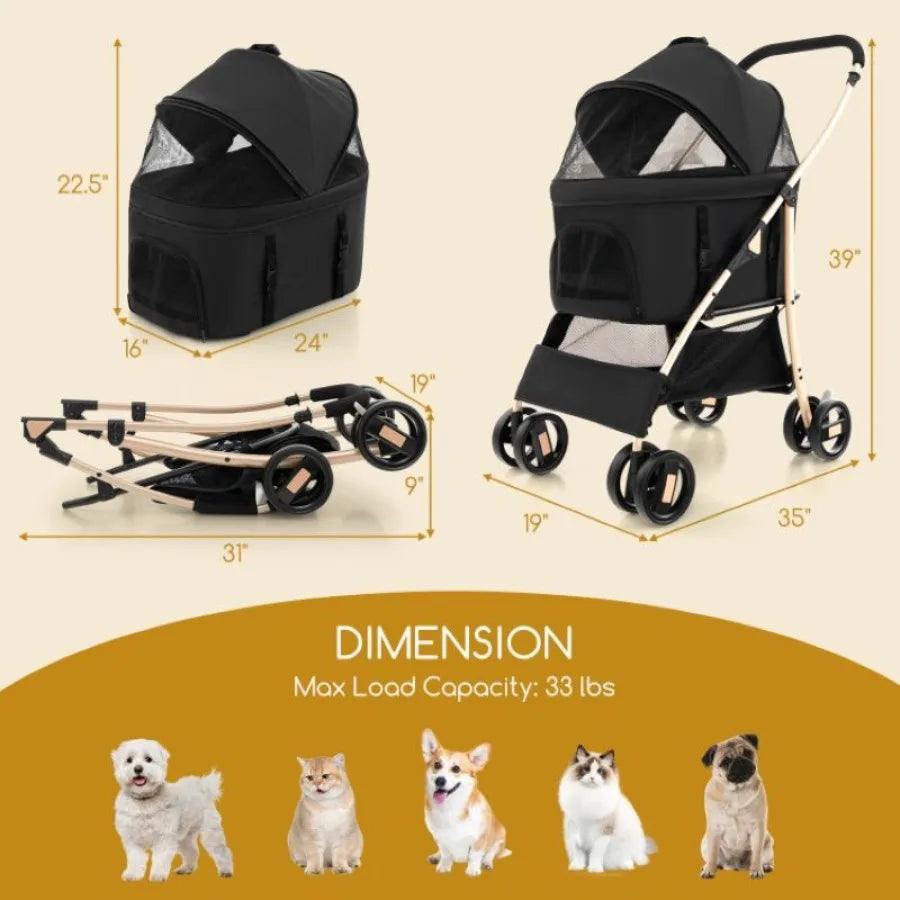 Foldable 3In1 Dog Stroller with Removable Seat Carrier