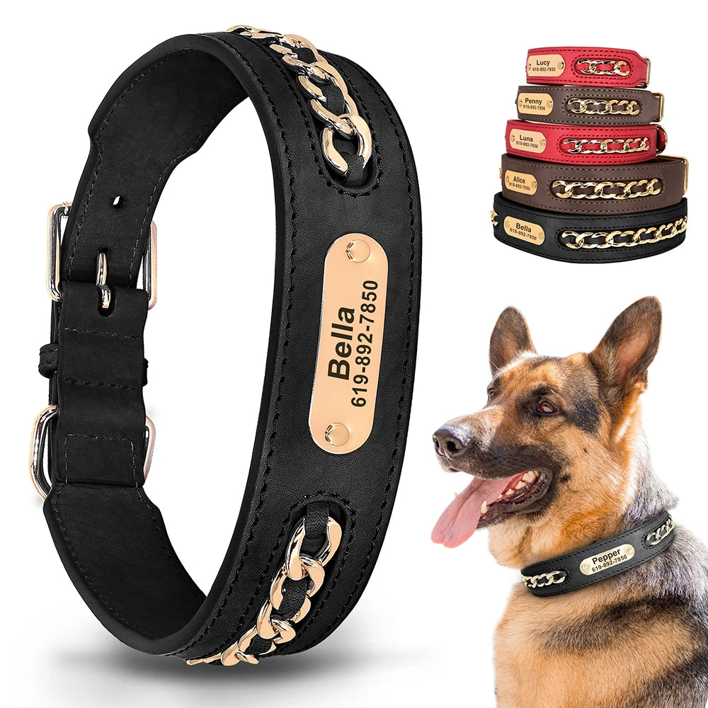 Personalized Dog Collar Free Custom Dog ID Name Collars With Chain Accessories Durable Leather
