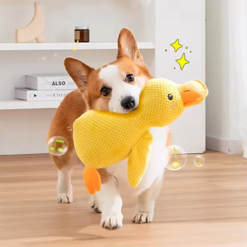 Dog sleeping with a dog hug duck toys to relieve boredom of little yellow duck pet