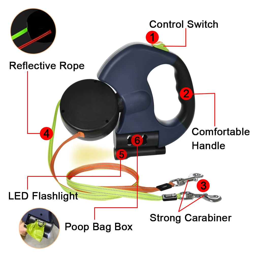 Dual Pet Leash for 2 Dogs Retractable Dog Traction Rope with Flashlight Outdoor Reflective