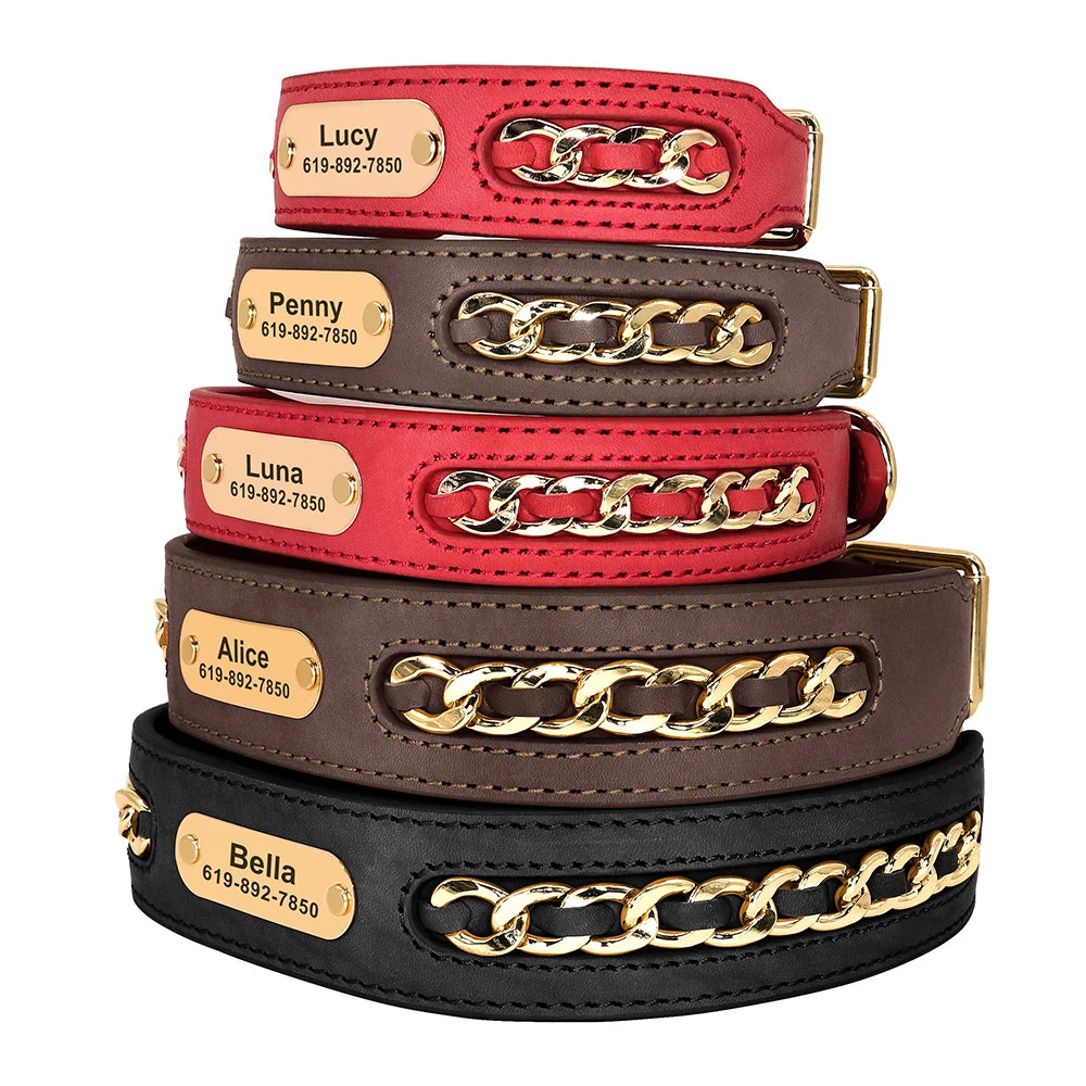 Personalized Dog Collar Free Custom Dog ID Name Collars With Chain Accessories Durable Leather