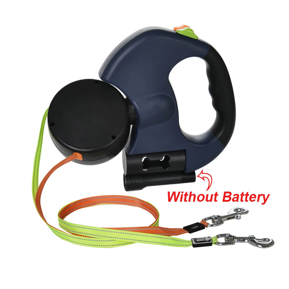 Dual Pet Leash for 2 Dogs Retractable Dog Traction Rope with Flashlight Outdoor Reflective