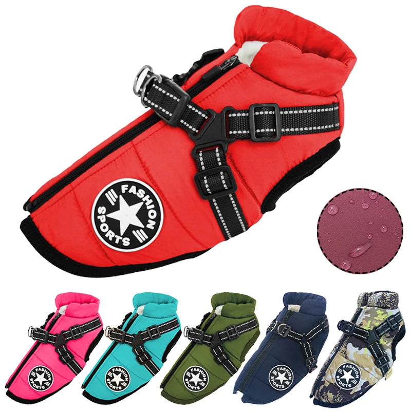 Winter Dog Clothes with Harness Waterproof Warm Pet Dog Cotton Jacket