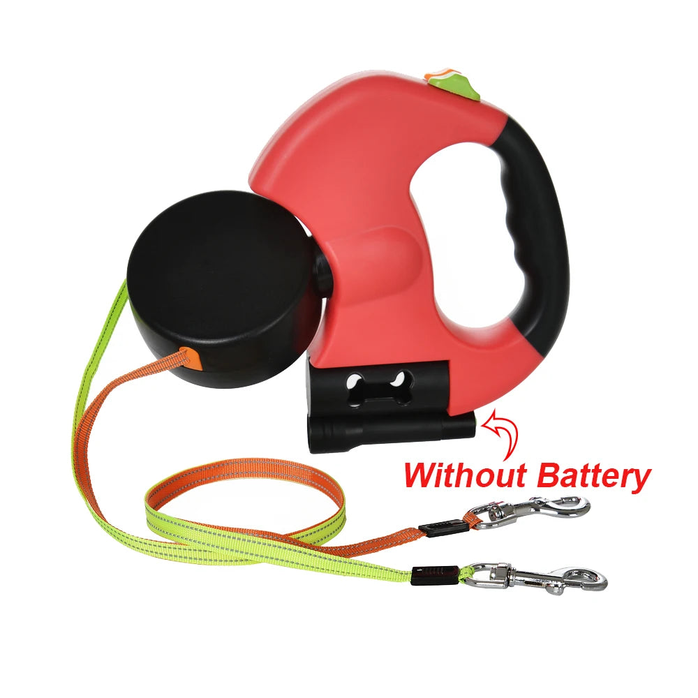 Dual Pet Leash for 2 Dogs Retractable Dog Traction Rope with Flashlight Outdoor Reflective