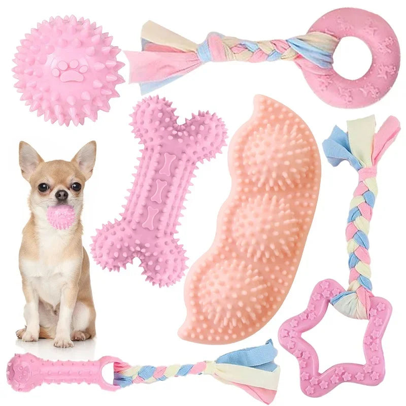 Dog Chew Toys for Cleaning Teeth Pink Soft Rubber Bone Funny Ball Interactive Donut