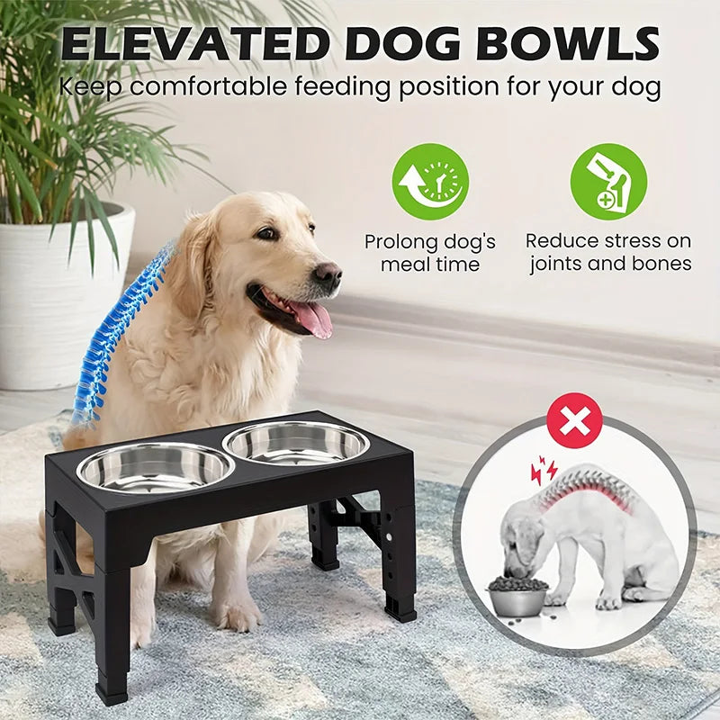 Dogs Bowls Adjustable Raised Stand with Double Stainless Steel Food Water Bowls