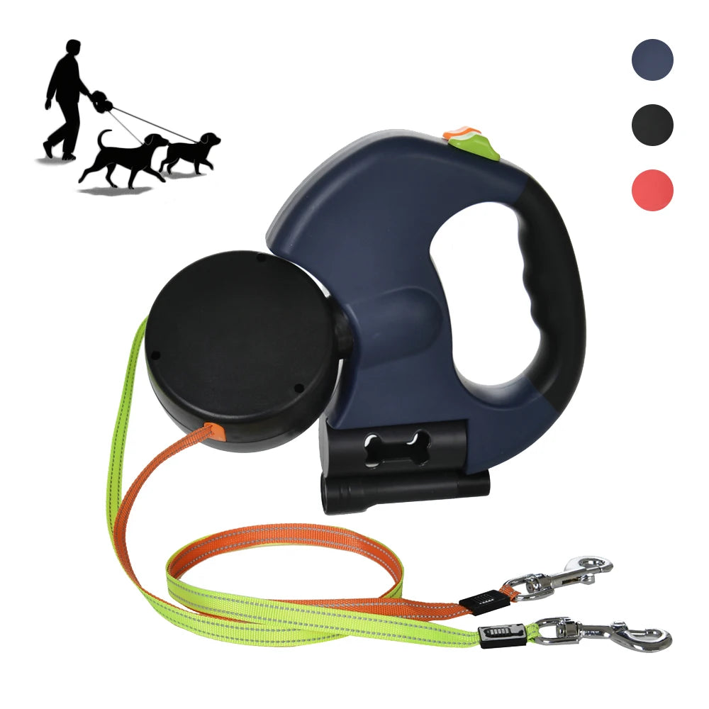 Dual Pet Leash for 2 Dogs Retractable Dog Traction Rope with Flashlight Outdoor Reflective
