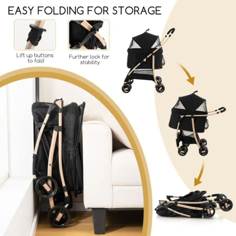 Foldable 3In1 Dog Stroller with Removable Seat Carrier