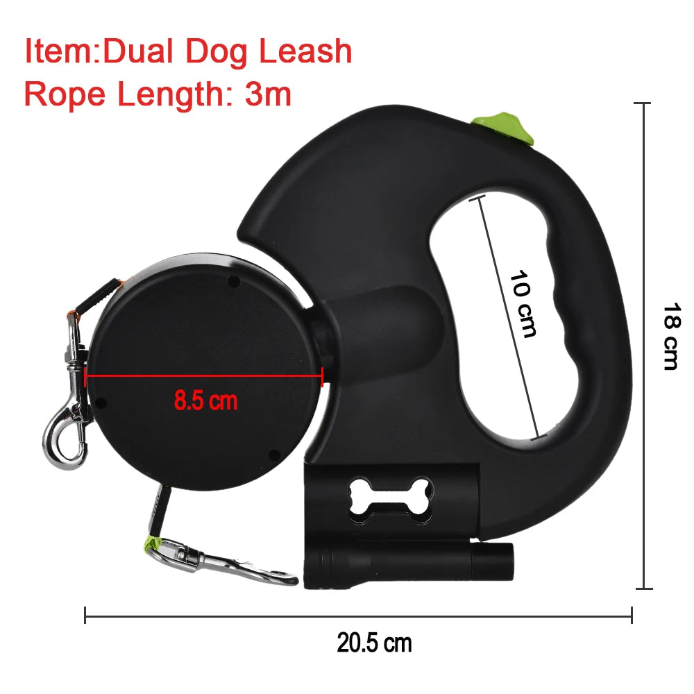 Dual Pet Leash for 2 Dogs Retractable Dog Traction Rope with Flashlight Outdoor Reflective