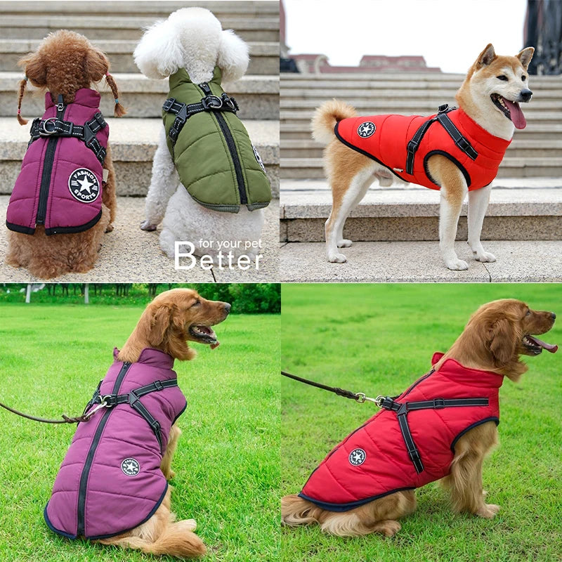 Winter Dog Clothes with Harness Waterproof Warm Pet Dog Cotton Jacket