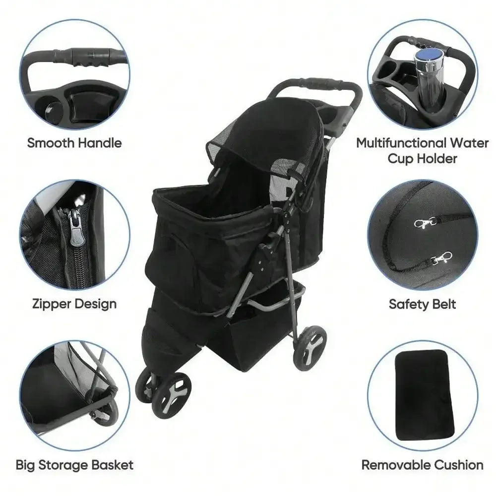 Foldable Pet Stroller 3 Wheels for Dogs Strolling Cart Carrier