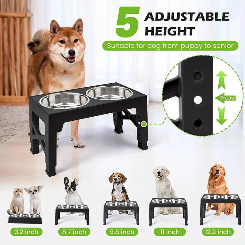Dogs Bowls Adjustable Raised Stand with Double Stainless Steel Food Water Bowls