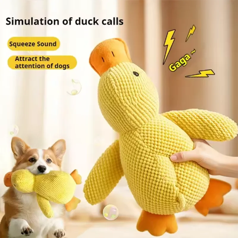 Dog sleeping with a dog hug duck toys to relieve boredom of little yellow duck pet