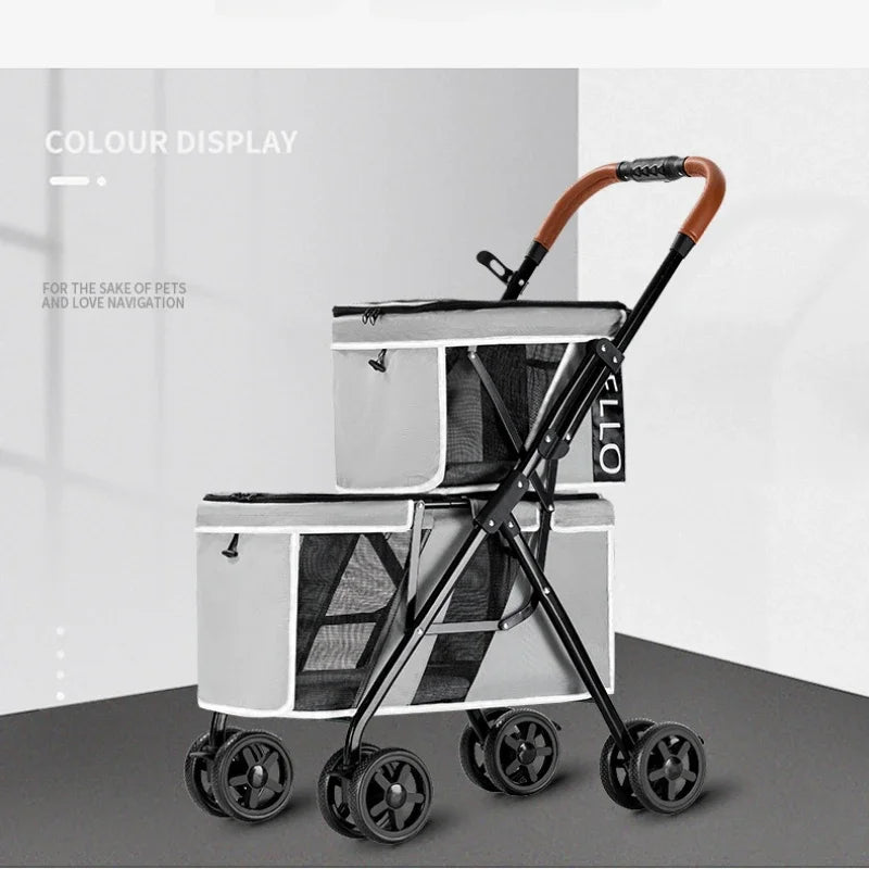 New Pet Stroller Double Layer Suitable for Two Pet Cats Dogs Foldable Cart Breathable Dog Stroller Pet Trolley carry on case