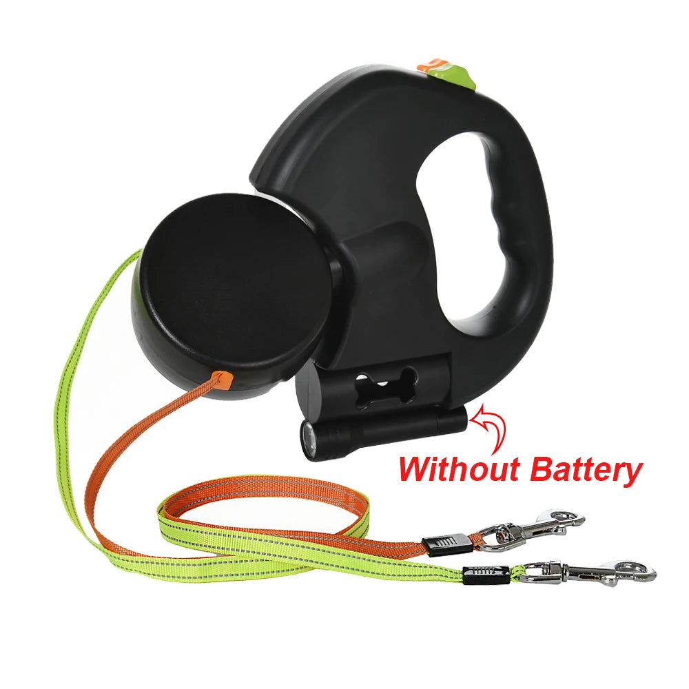 Dual Pet Leash for 2 Dogs Retractable Dog Traction Rope with Flashlight Outdoor Reflective