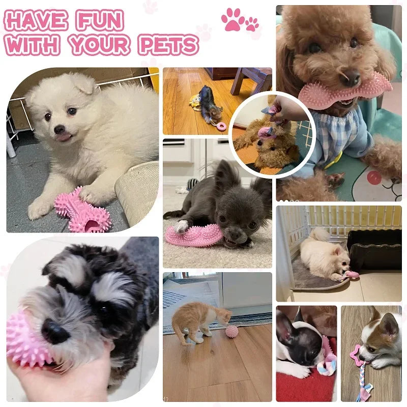 Dog Chew Toys for Cleaning Teeth Pink Soft Rubber Bone Funny Ball Interactive Donut