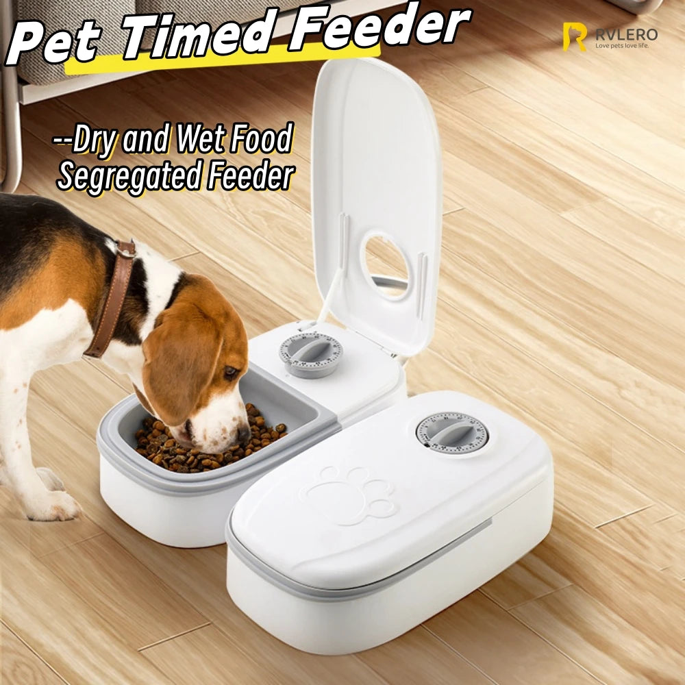 Dog Automatic Feeder Timed Quantification Separate Bowls for Dry Wet Feeding